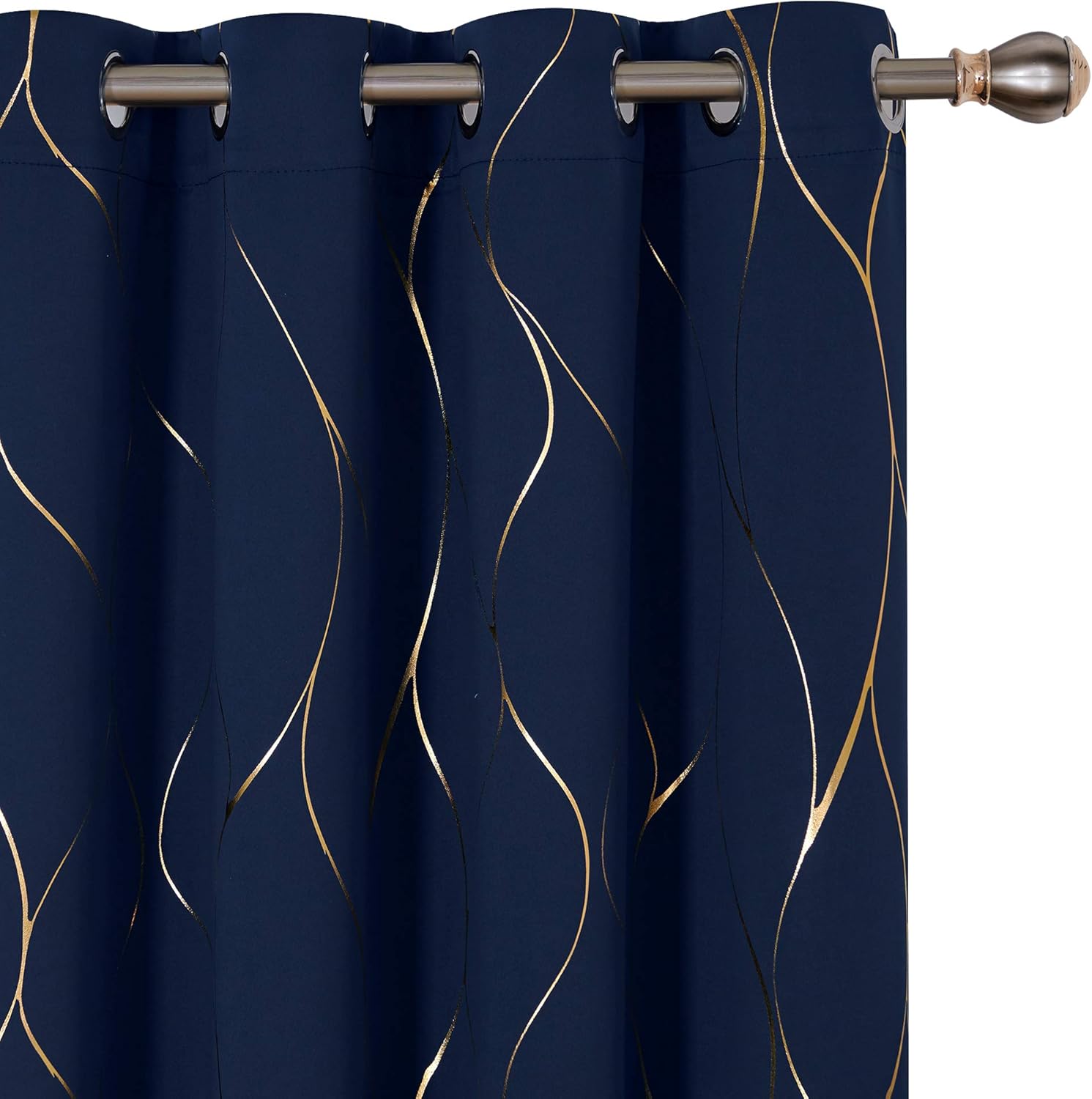 Deconovo Silver or Gold Wave Print Blackout Curtains - Thermal Insulated & Noise‑Reducing Grommet Drapes for Bedroom & Living Room，Navy Blue/Line，52W x 84L，2 Panels