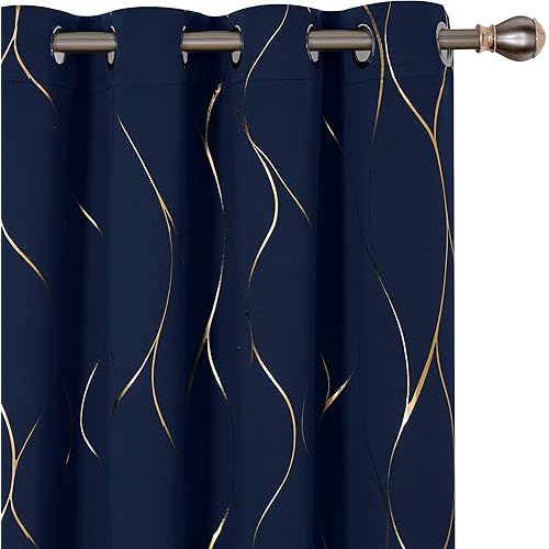 Deconovo Gold Wave Foil Print Blackout Curtains, 52W x 84L Inch, Navy Blue, 1 Pair, Grommet Light Blocking Room Darkening Curtain, Noise Reducing Window Drapes for Living Room Bedroom