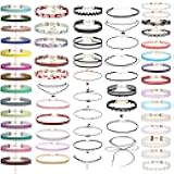 60 PCS Choker Necklace, Classic Stretch Colorful Gothic Collar Tattoo Necklace AndBlack Layered Cute Lace Velvet Choker Necklace Set for teenagers and Women