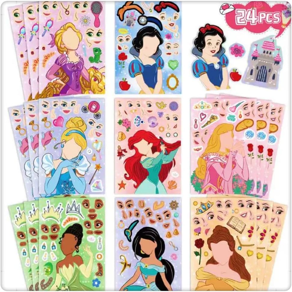 24 Sheets Princess Stickers for Kids,Make-a-face Sticker Party Games,Make Your Own Sticker, Girls Make a Princess Stickers Holiday Christmas Party,Princess Themed Art Craft Party Supplies Game Rewards