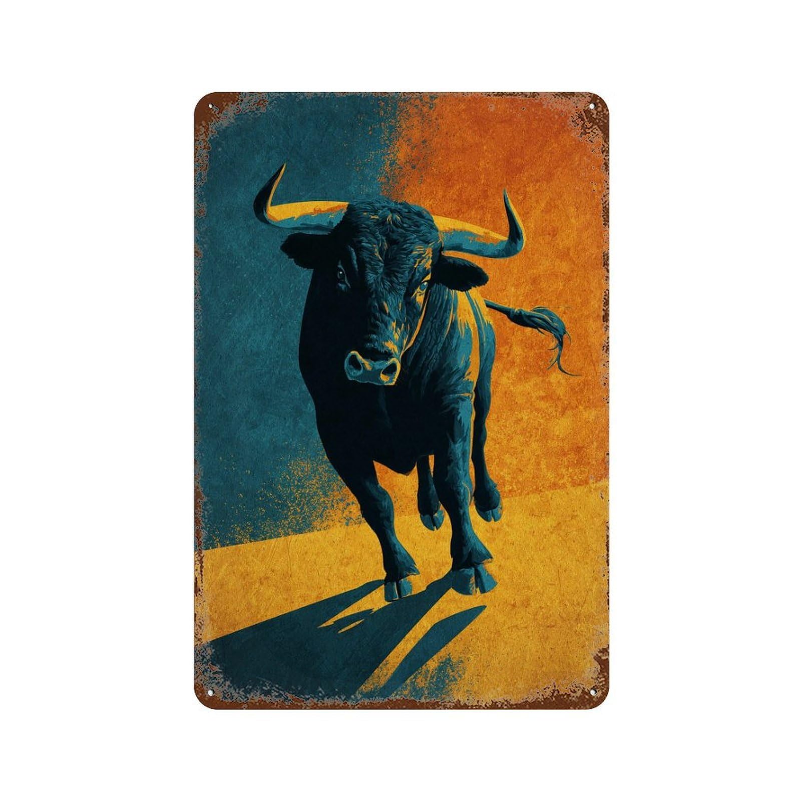 Rust Effect Powerful Bull Illustration Rustic Tin Plaque 11.8"x7.9", Shabby Chic Decor for Basement, Hobby Room And Garage Decor