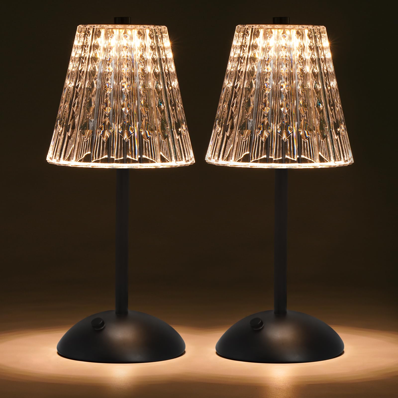 Cordless Touch Table Lamp, 3500mAh Rechargeable Small Dask Lamp, 3 Colors Dimmable Battery Operated Crysta Lamp for Bedroom Restaurant Kitchen Home Decor, Black, 2pcs