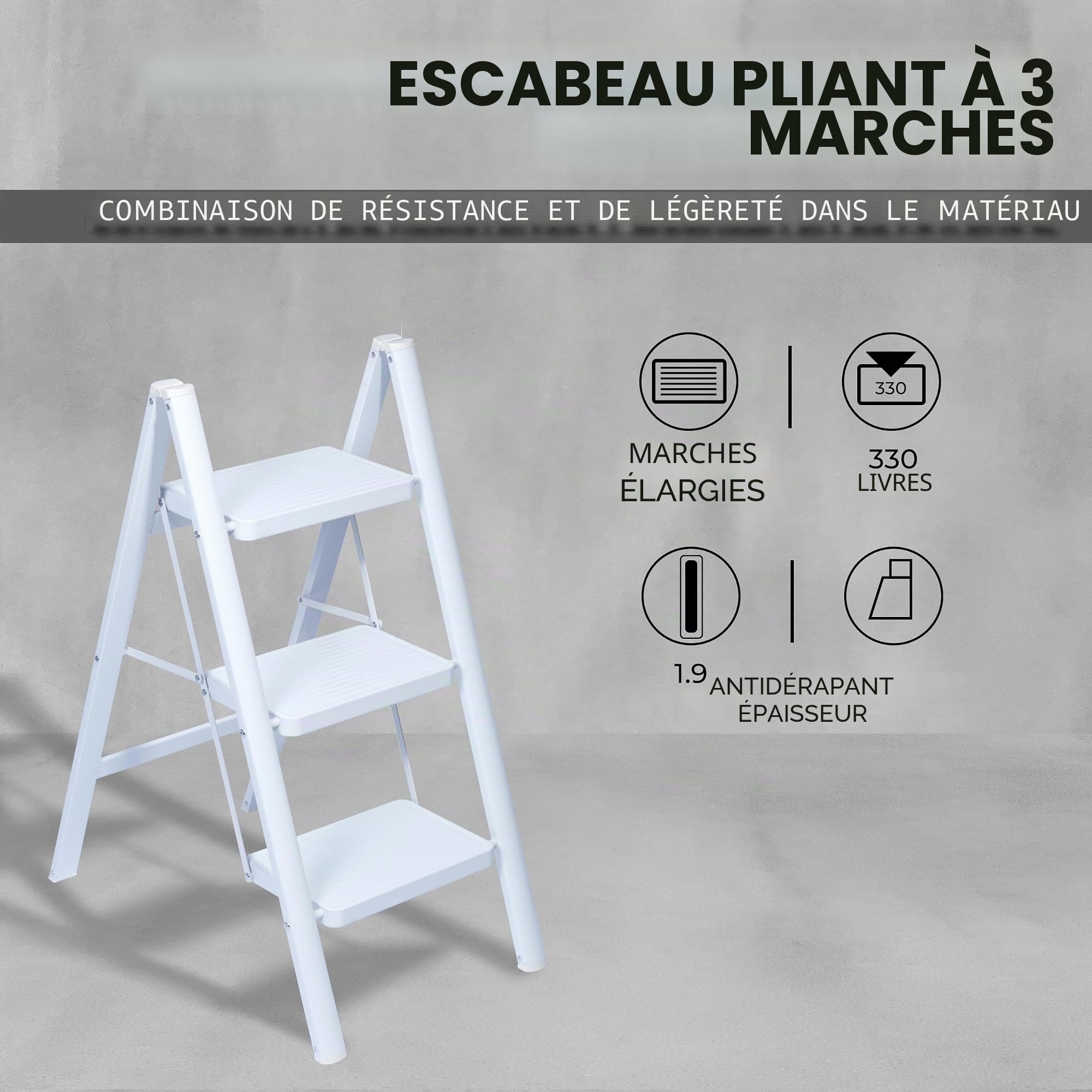 UZIRO Escabeau Pliable 3 Marches, Échelle de Sécurité avec Pieds Antidérapants, Tabouret de Step Idéal pour Maison, Cuisine, Bureau, Ladders Design Compact et Durable (Blanc, 3 Marches)