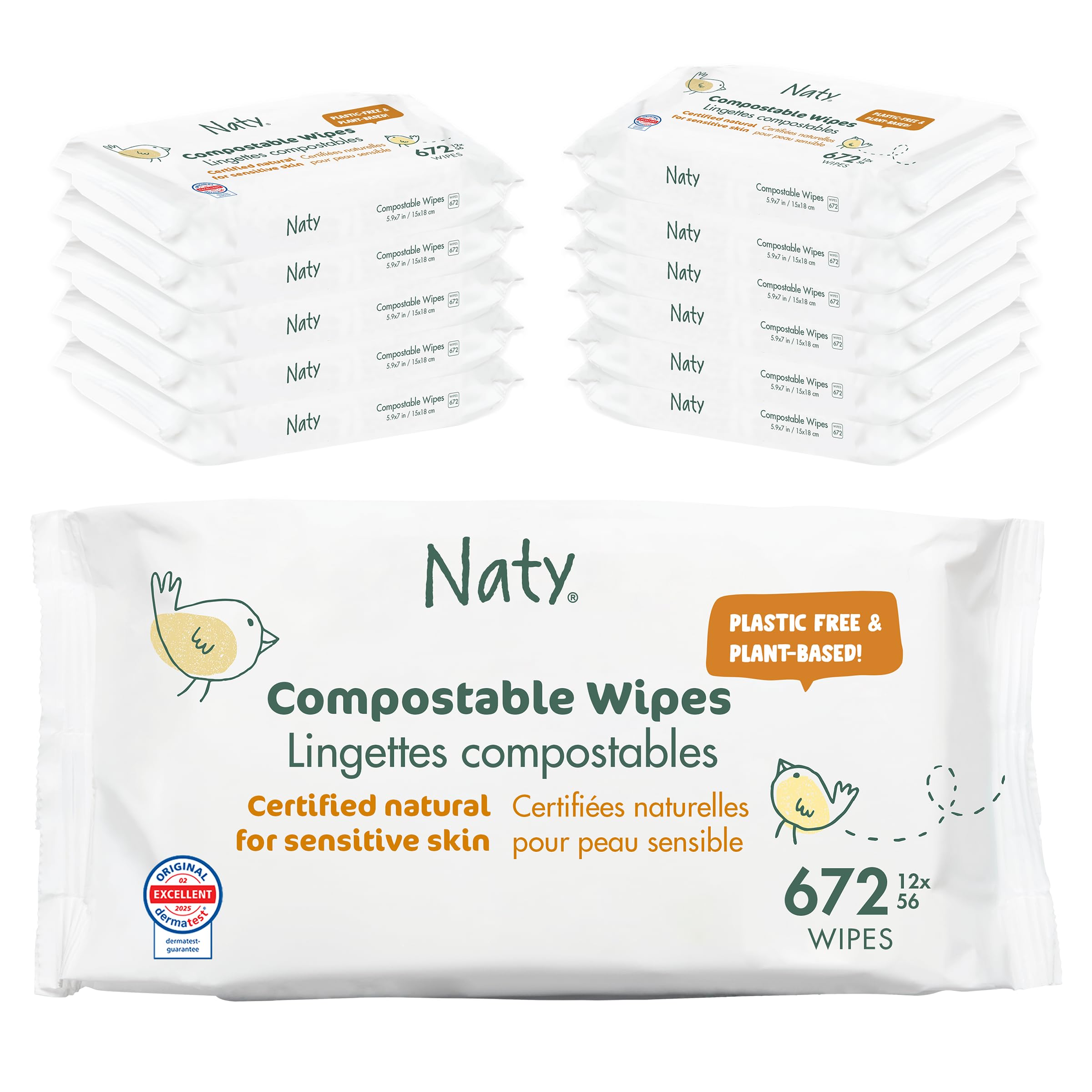 Naty Baby Wipes | 98% Water, Hypoallergenic & Natural for Sensitive Skin | Unscented, Plant-Based, Fragrance-Free | Newborn & Toddler Diaper Wipes | 672 Count (12 Packs) 56 count (Pack of 12)