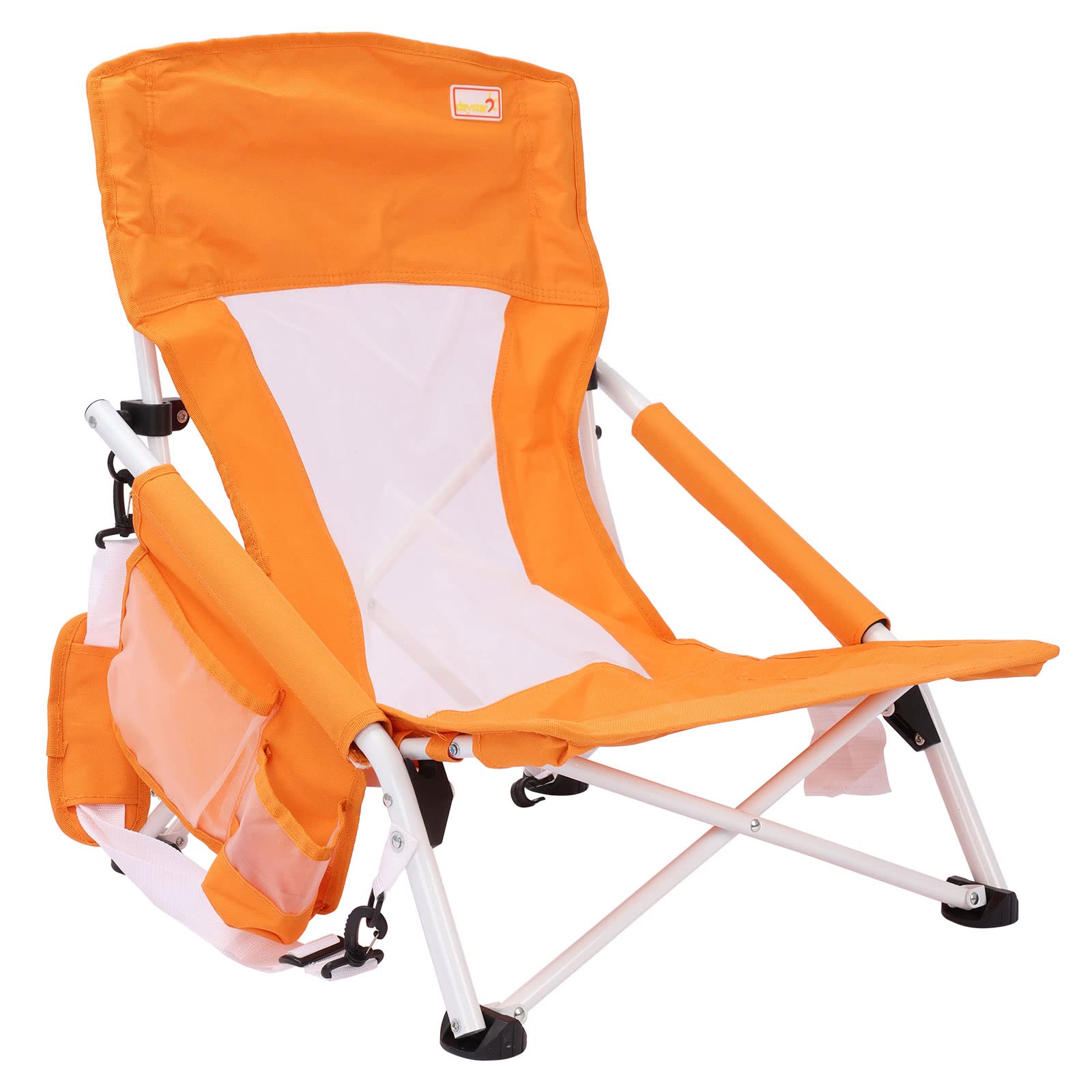 SUNNYFEEL Silla de Playa Plegable Baja, sillas de Camping Ligeras con Respaldo de Malla, apoyabrazos Acolchados, sillas reclinables para Vacaciones al Aire Libre (Naranja Brillante)