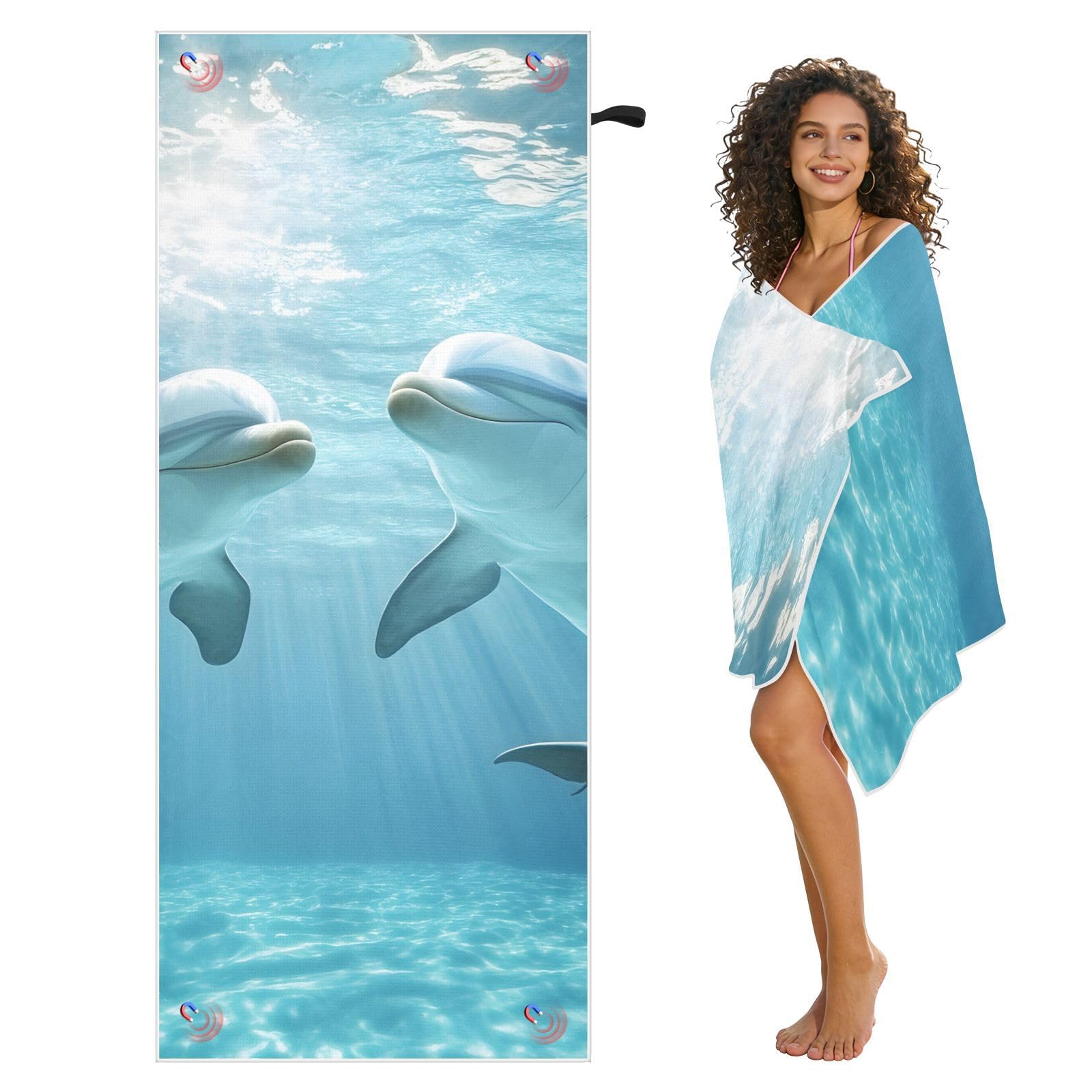 Grandes serviettes de plage avec sacs en maille pour adultes, dauphins, serviette de bain avec fermeture magnétique, anti-sable, absorbante à séchage rapide, pour piscine, camping et voyage, 190