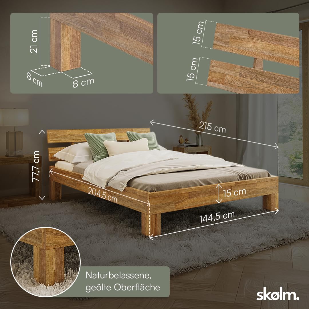 skølm Floki Massivholzbett 140x200 cm aus Eiche - hochwertiges Bettgestell - Bettrahmen mit Bettkopf - Holzbett in Natur geölt - Bett geeignet als Doppelbett - Futonbett Schlafzimmer