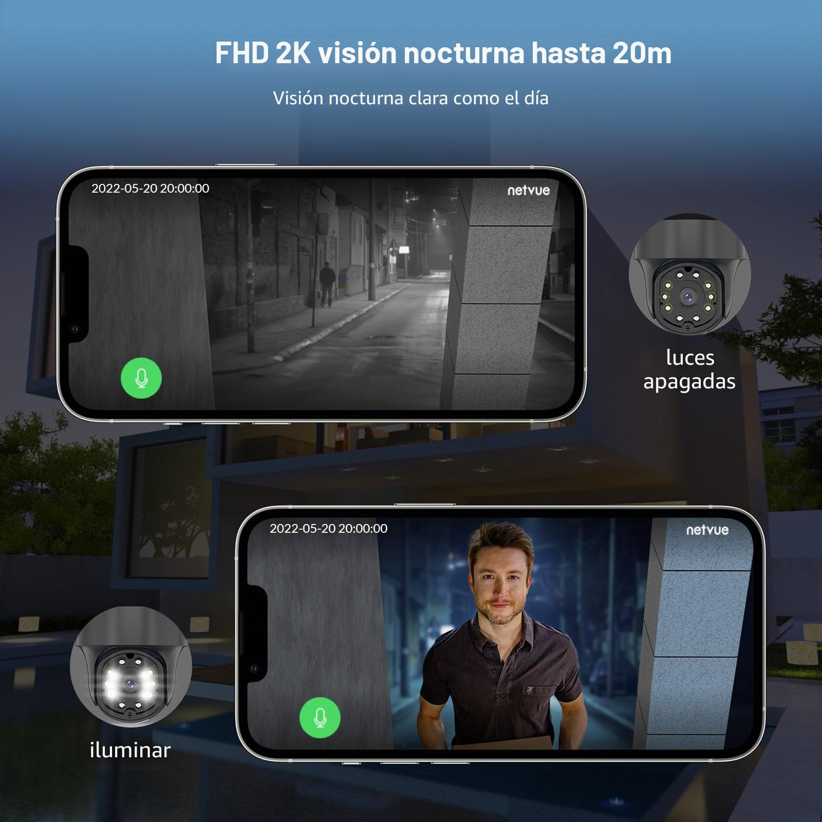 NETVUE Camara Vigilancia WiFi Exterior, Camaras Vigilancia Domicilio WiFi FHD Vista a 360° y Audio Bidireccional, Camara Vigilancia WiFi Interior y Detección de Movimiento