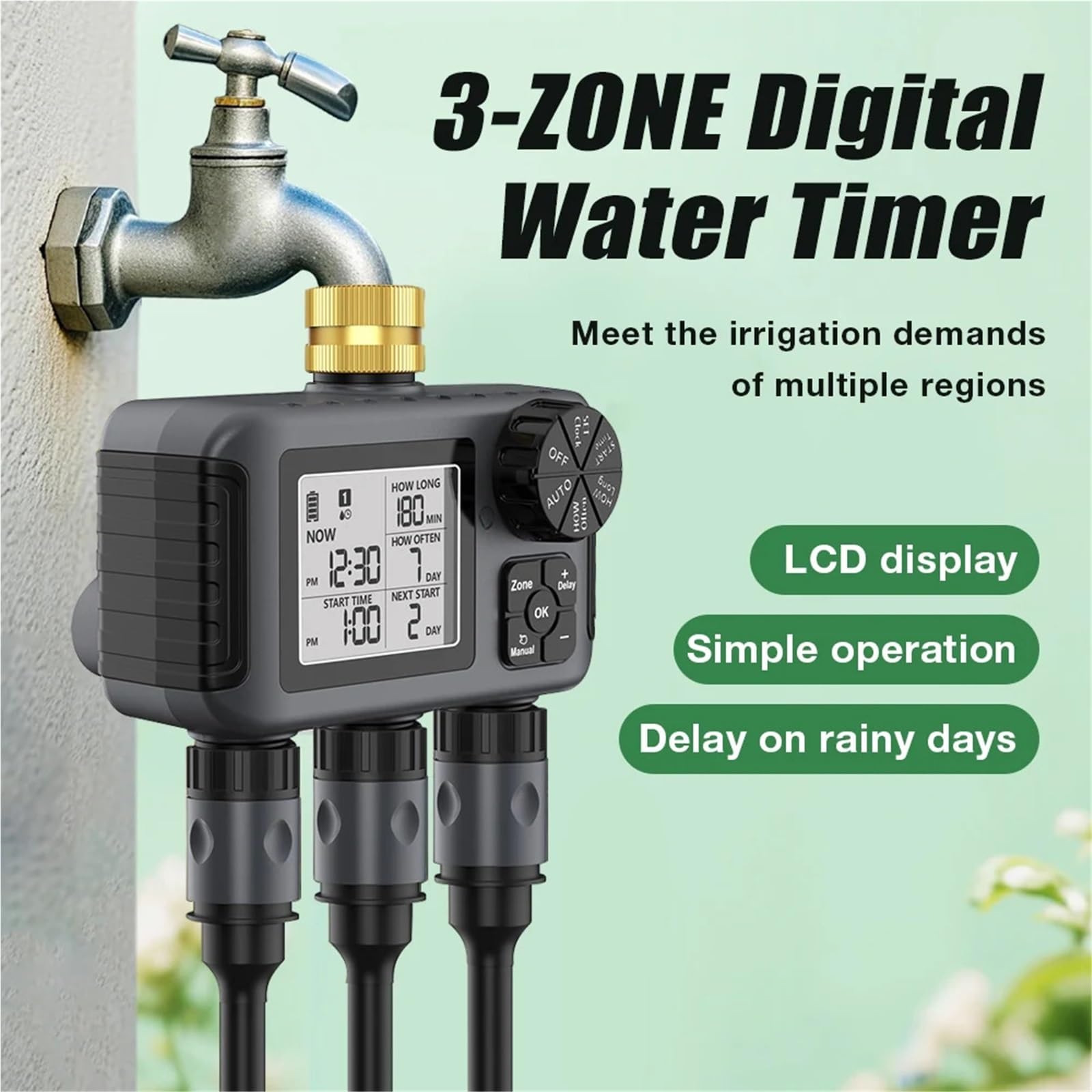 Di irrigazione intelligente for irrigazione a 3 prese Rubinetto in rame Tubo flessibile Cospargere timer automatico for l'acqua IPX5 Timer digitale for acqua a 3 zone