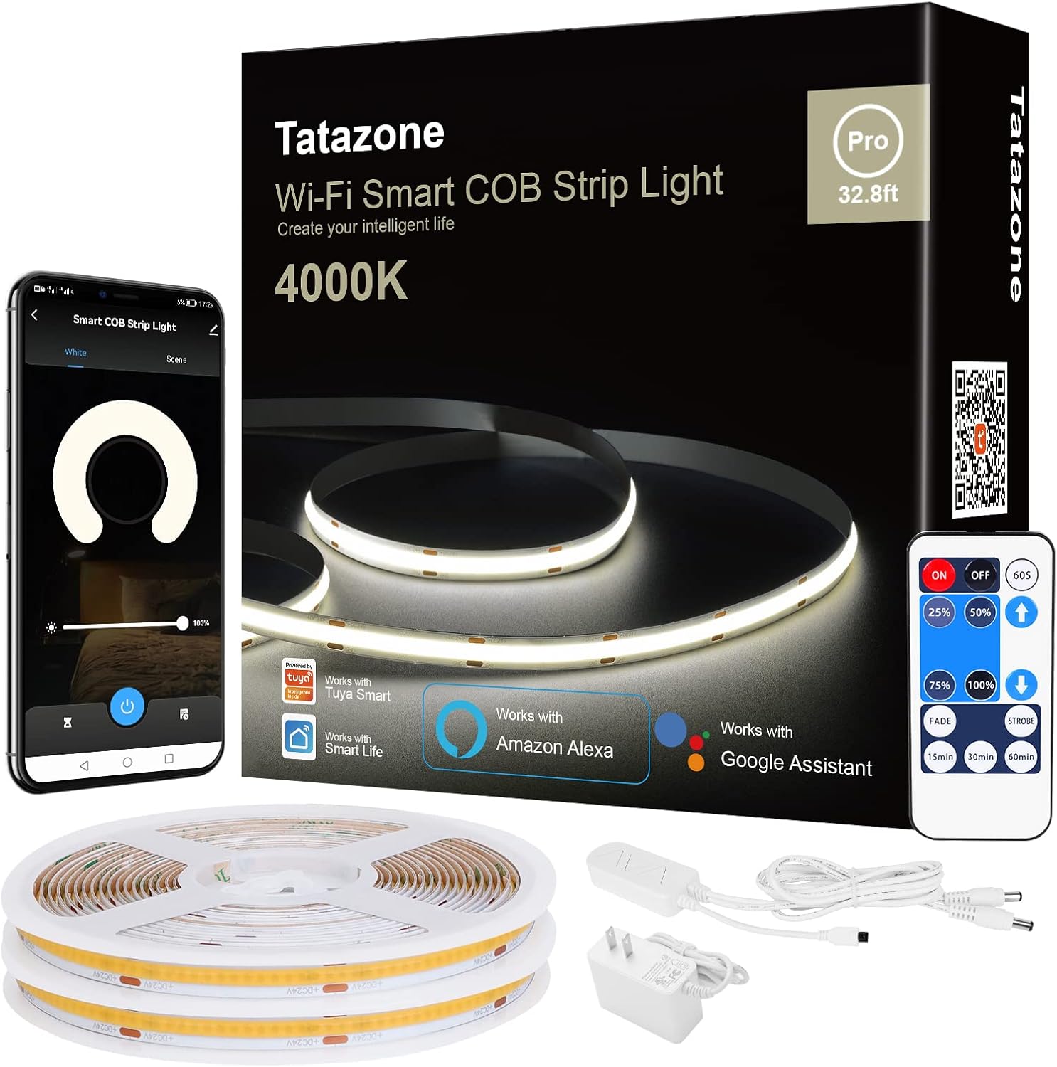 Smart White COB Led Strip Light with App and Remote, 32.8ft 4000K Bright WiFi COB Light Strip Work with Alexa and Google, Dimmable Indoor Led Lights for Room, Cabinet, 2 Rolls of 16.4ft