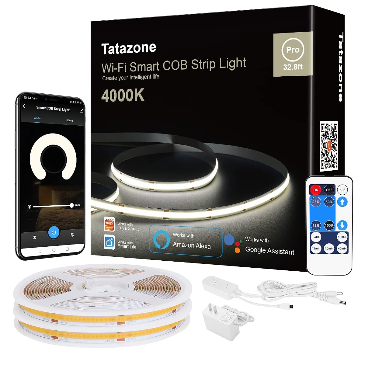 Tatazone Smart White Cob Led Strip Light With App And Remote, 32.8Ft 4000K