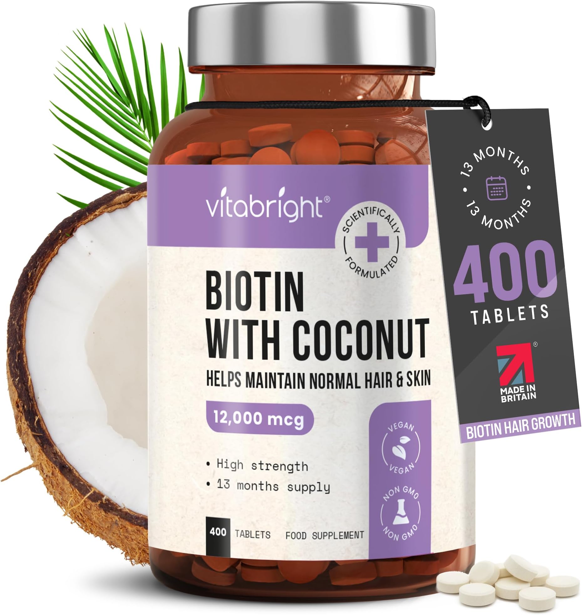 VitaBright Biotin Hair Growth Vitamins | 12000mcg | 400 D-Biotin Tablets with Coconut | Vegan Hair Vitamins for Women and Men | High Strength | Vitamin B7