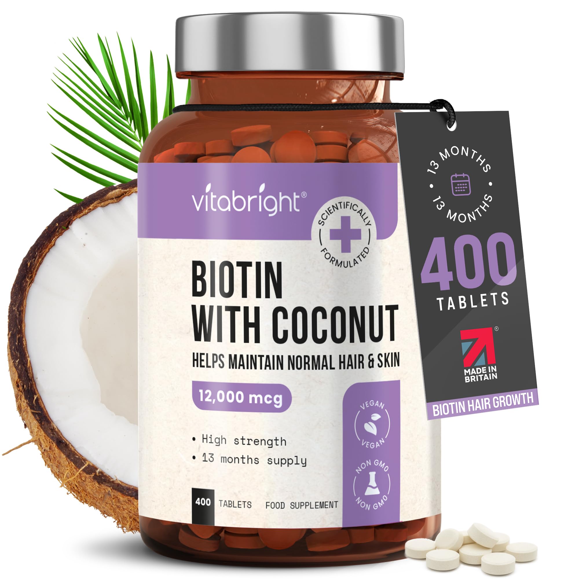 VitaBrightBiotin Hair Growth Vitamins | 12000mcg | 400 D-Biotin Tablets with Coconut | Vegan Hair Vitamins for Women and Men | High Strength | Vitamin B7