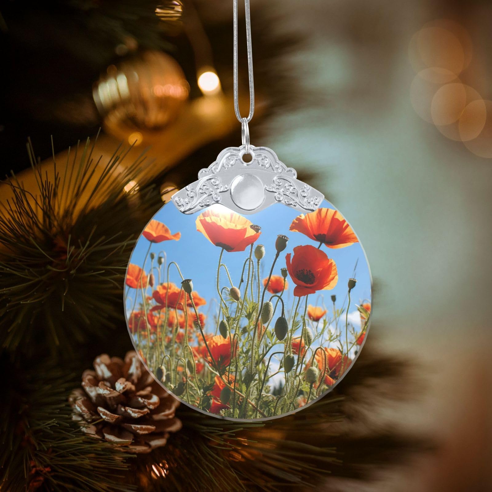 Crystal Christmas Ornaments for Christmas Tree Decoration Hanging Poppies on Blue Sky Ornament with Gold Ribbon Crafts Round Pendant for Keepsake Gifts Glass Xmas Decor Party Supplies