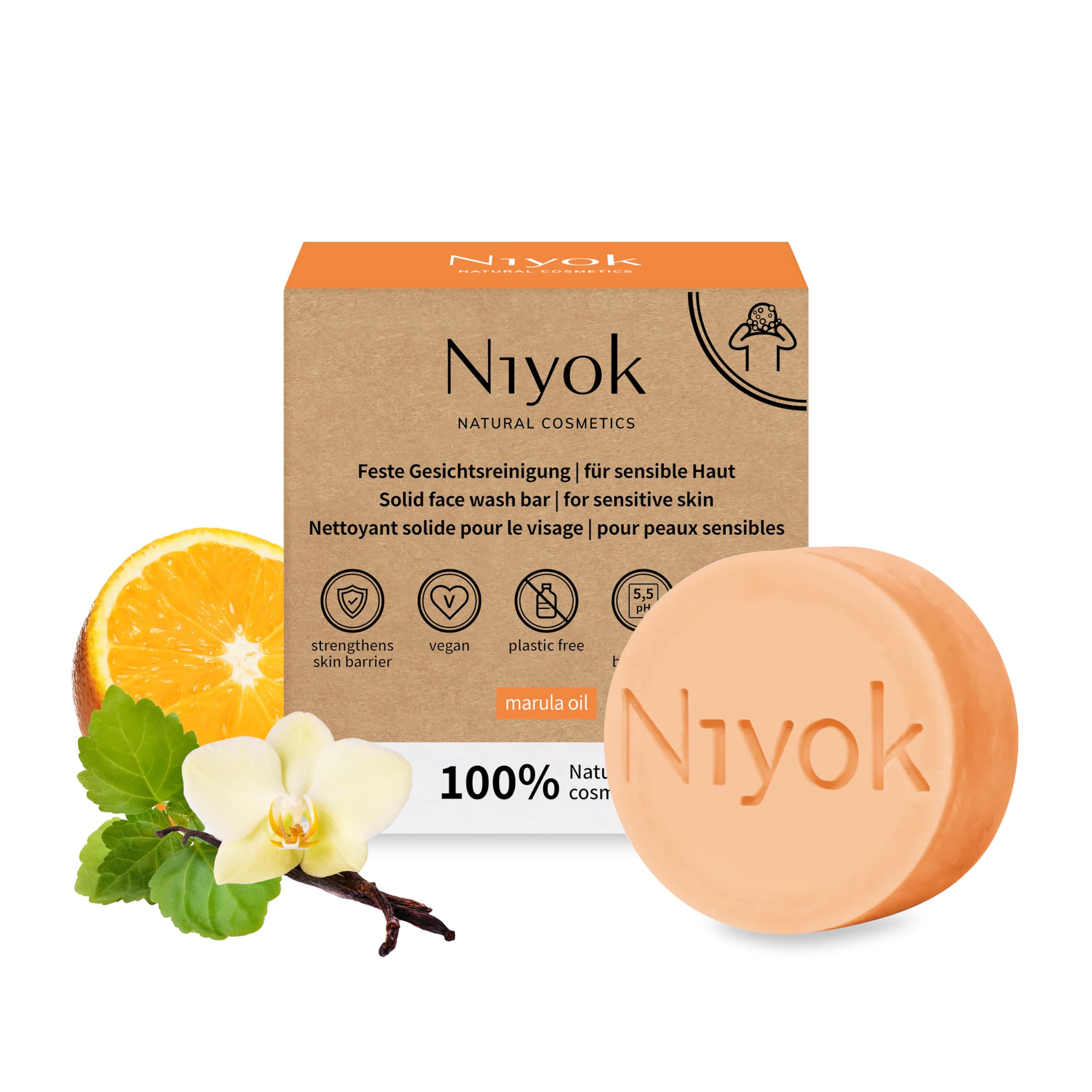 Niyok® Stałe oczyszczanie twarzy "olejek marula" (80 g) • mydło do twarzy do skóry wrażliwej i wrażliwej • wegańskie mydło stałe • pielęgnacja twarzy wegańska • naturalne kosmetyki organiczne • mydło
