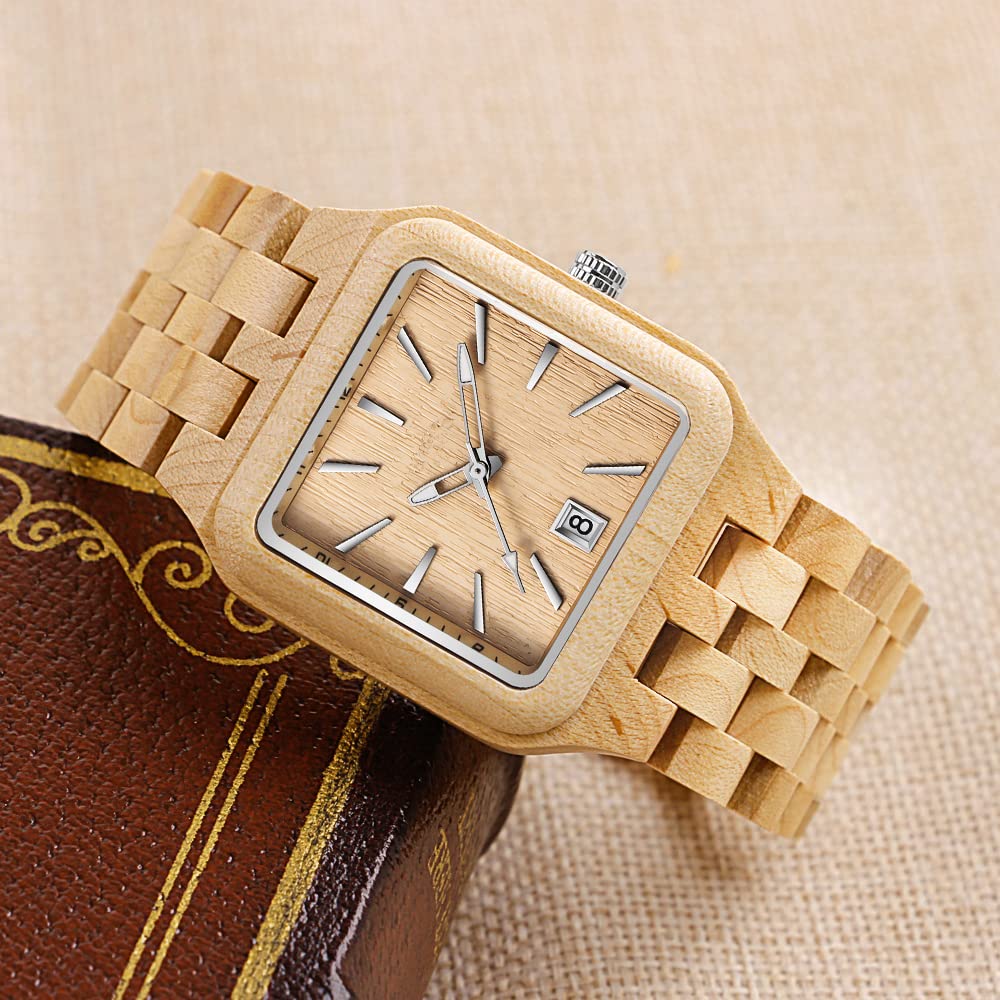 Tiong Orologio da uomo in legno di bambù Invertito Geometrico Orologio analogico al quarzo per uomini Orologi in legno fatti a mano, Wq1008-marrone chiaro, Retrò