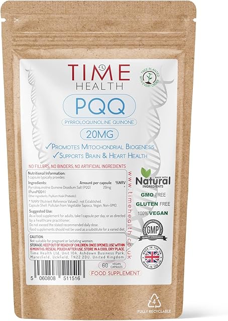PQQ (Pyrroloquinoline Quinone) Concentrated 20mg per Capsule Over 99% Pure Made with PurePQQ® UK Made GMP Standards Zero Additives Pullulan (60 Count (Pack of 1))