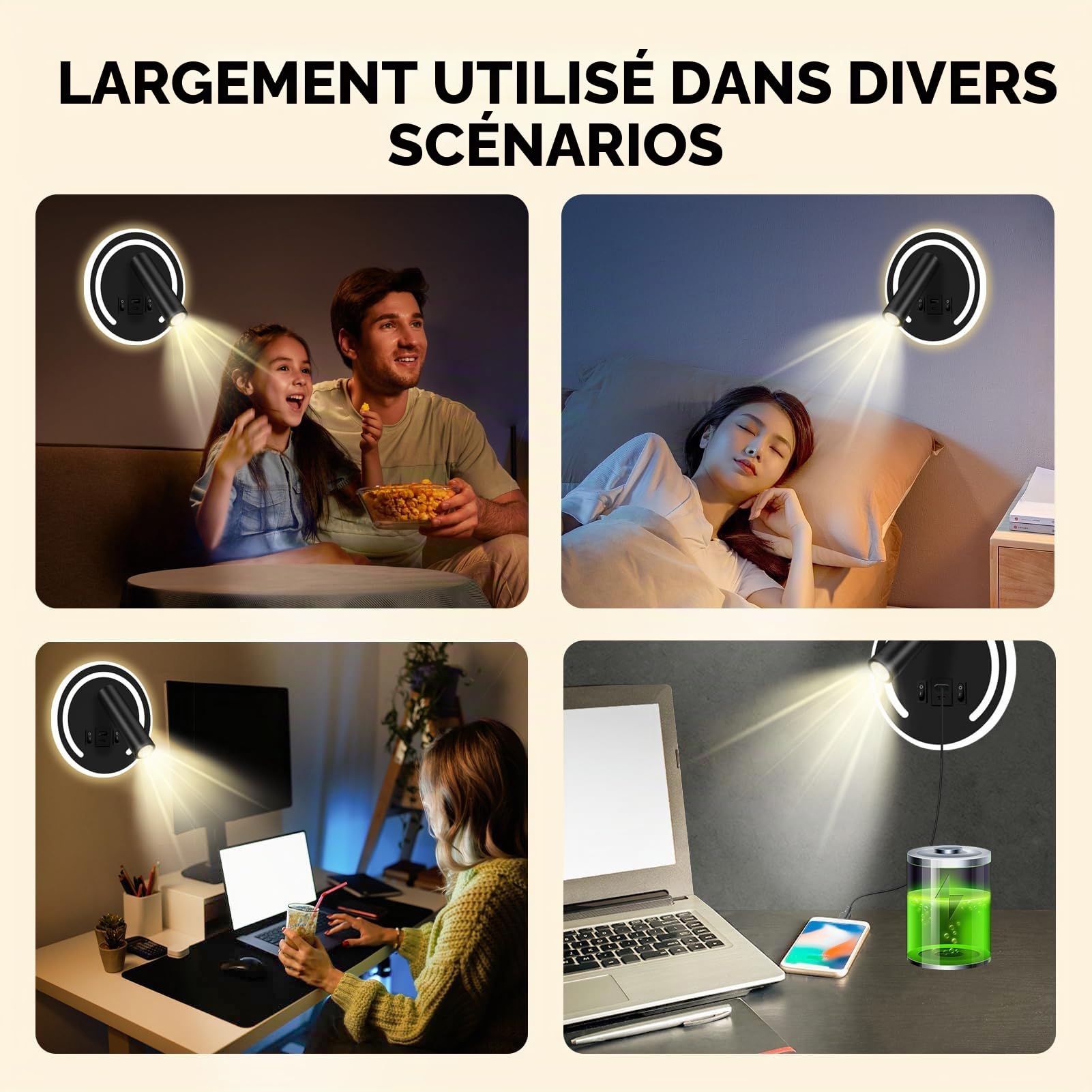 HUIZHOU applique liseuse 3W + 9w LED lampe de lecture, port de charge USB, lampe de chevet rotative 3000k pour chambre à coucher, escalier, couloir, Bureau (Rond noir)