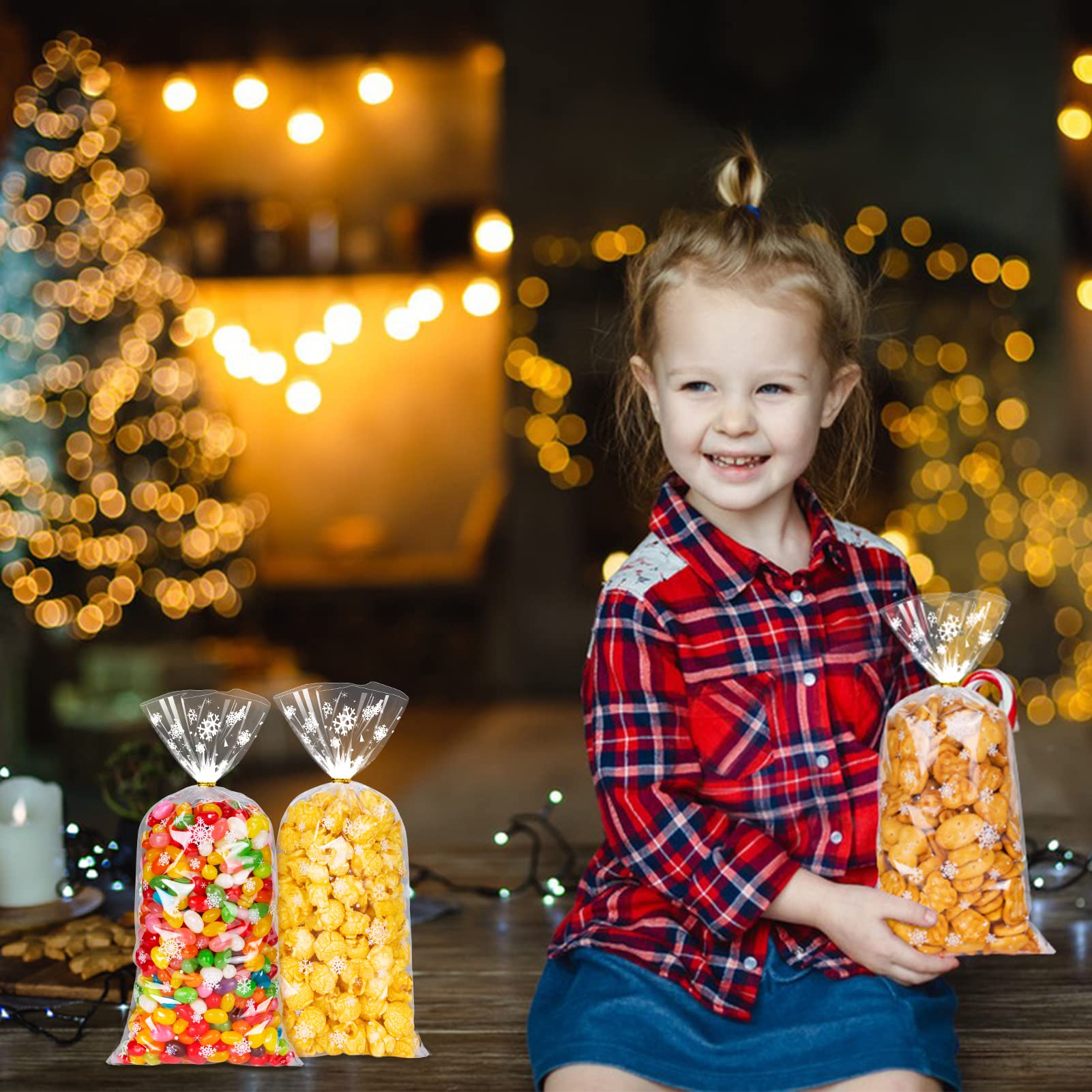 MELLIEX 100pcs Navidad Bolsas De Celofan, Bolsas De Copo De Nieve Para Chuches Galletas Bolsa De Dulces Navideños Con 100 Lazos Retorcidos(27x13cm Y 20x10cm