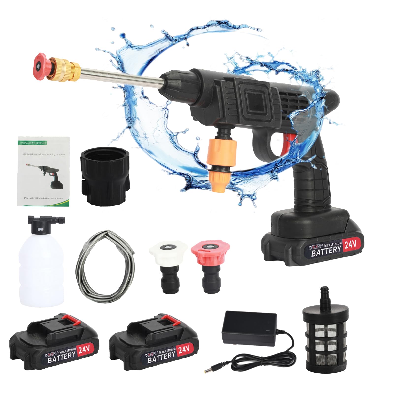 Limpiador de alta presión con batería de 24 V, batería de 200 W, hidroblast, pistola de agua de alta presión, portátil, con 2 baterías de 1500 mAh, para coche, terraza, ventana, césped,