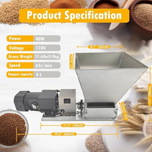 Miniatura 3 de 110V 60W 75RPM Máquina de molienda eléctrica manual de acero inoxidable molinillo de cebada con 4 tolvas y 2 rodillos Molino de grano de cerveza