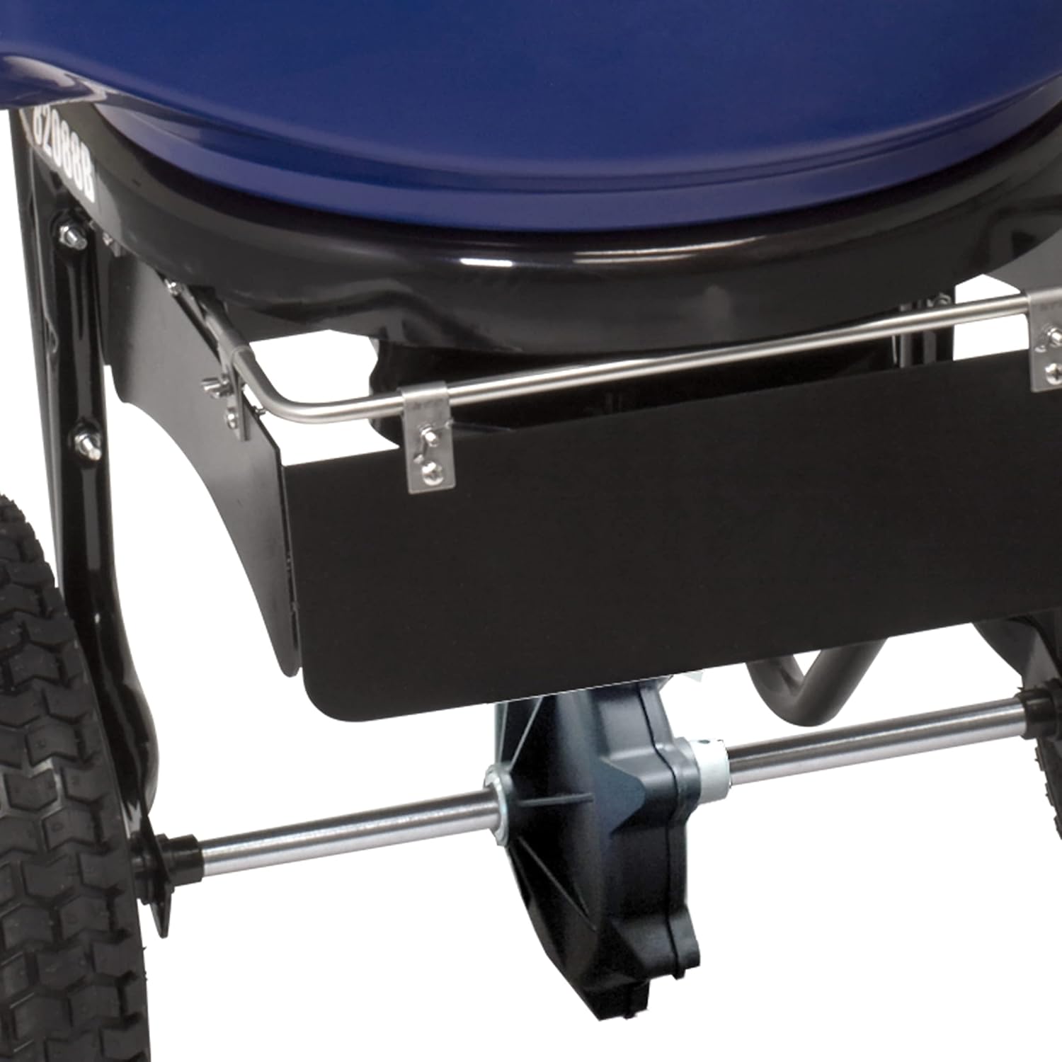 View of the enclosed gear system and adjustable baffle on the Chapin 82104B spreader.