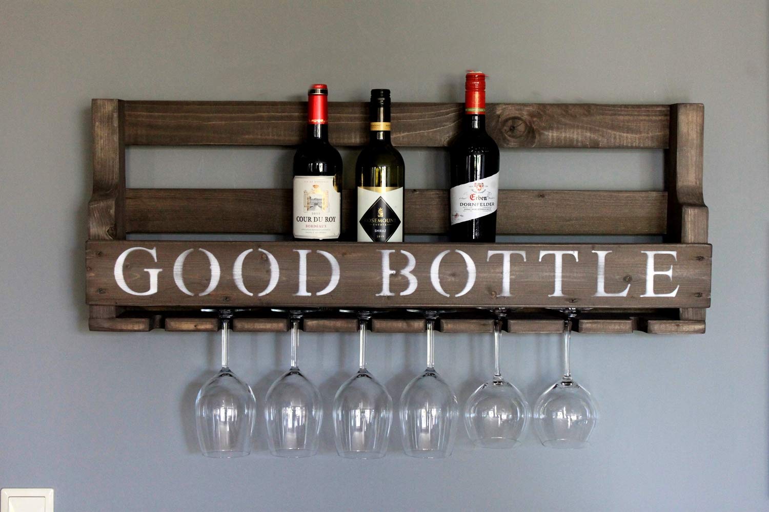 Dekorie Botellero de Madera para la Pared - Con Soporte para Copas y Texto Vino - Blanco - Montado - Estantería para Botellas y Copas — view 12