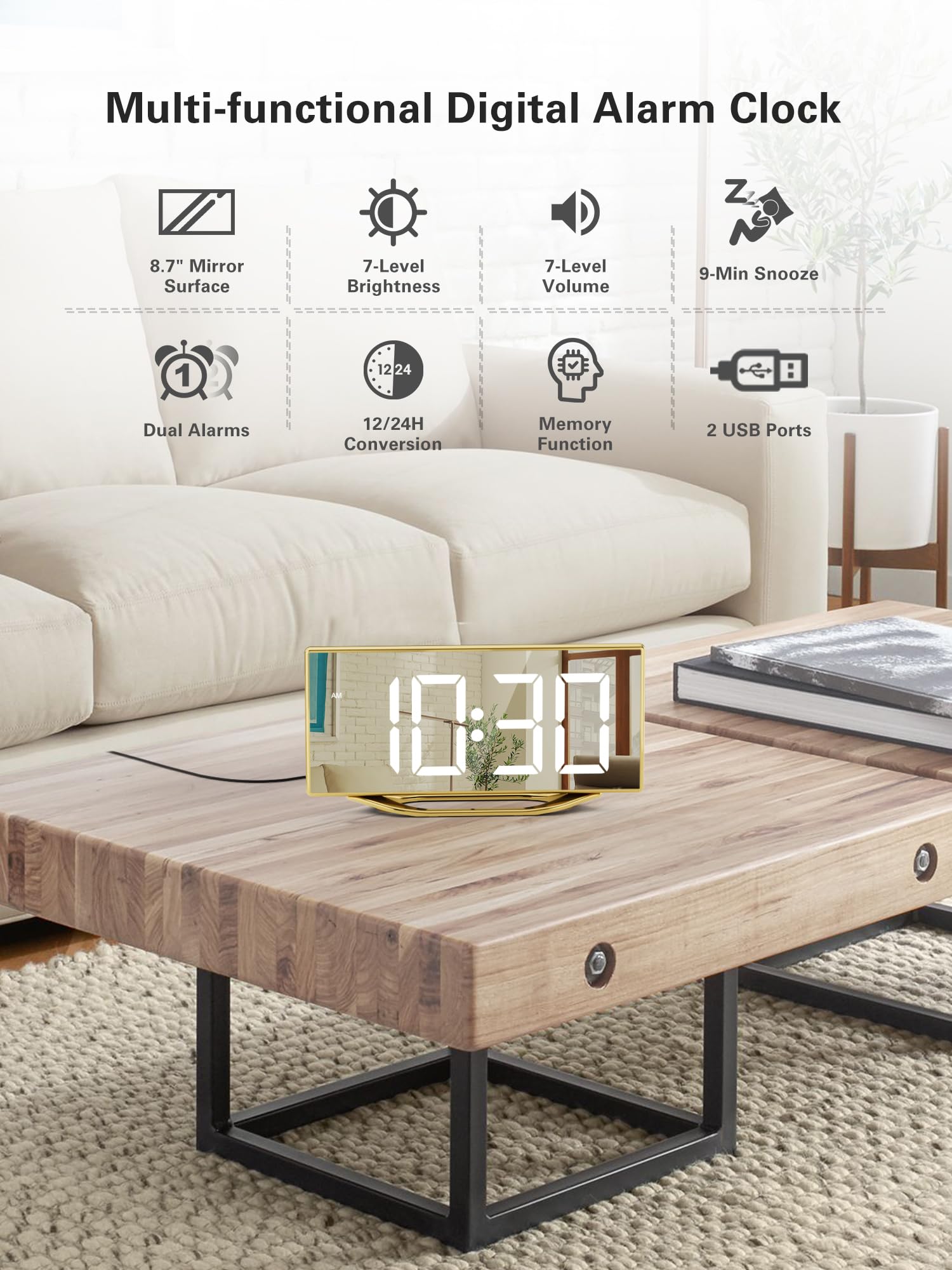 Reloj despertador para dormitorio, moderno reloj digital para sala de estar, reloj despertador LED de 8.7 pulgadas con 2 cargadores USB, repetición, 12/24 horas, 7 reguladores ajustables y volumen