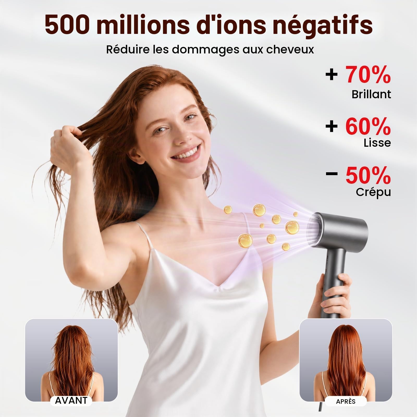 Sèche-cheveux professionnel 160 000 tr/min,sèche-cheveux ionique ultra-rapide par flux d'air haute vitesse,contrôle NTC intelligent,500M ions négatifs anti-frisottis,cheveux doux et brillants,56 dB