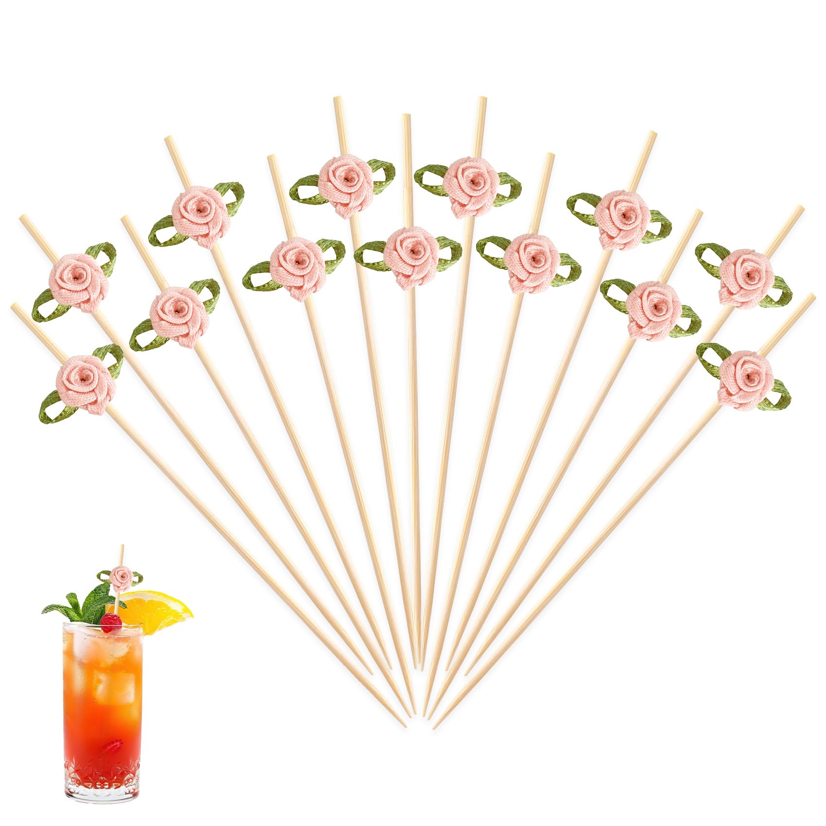 200 Pcs Pink Rose Flower Cocktail Sticks, Bamboo Toothpicks for Appetizers, Fruit, Charcuterie & Wedding Party Decorations, Fancy Food Skewers for Drinks and Dessert