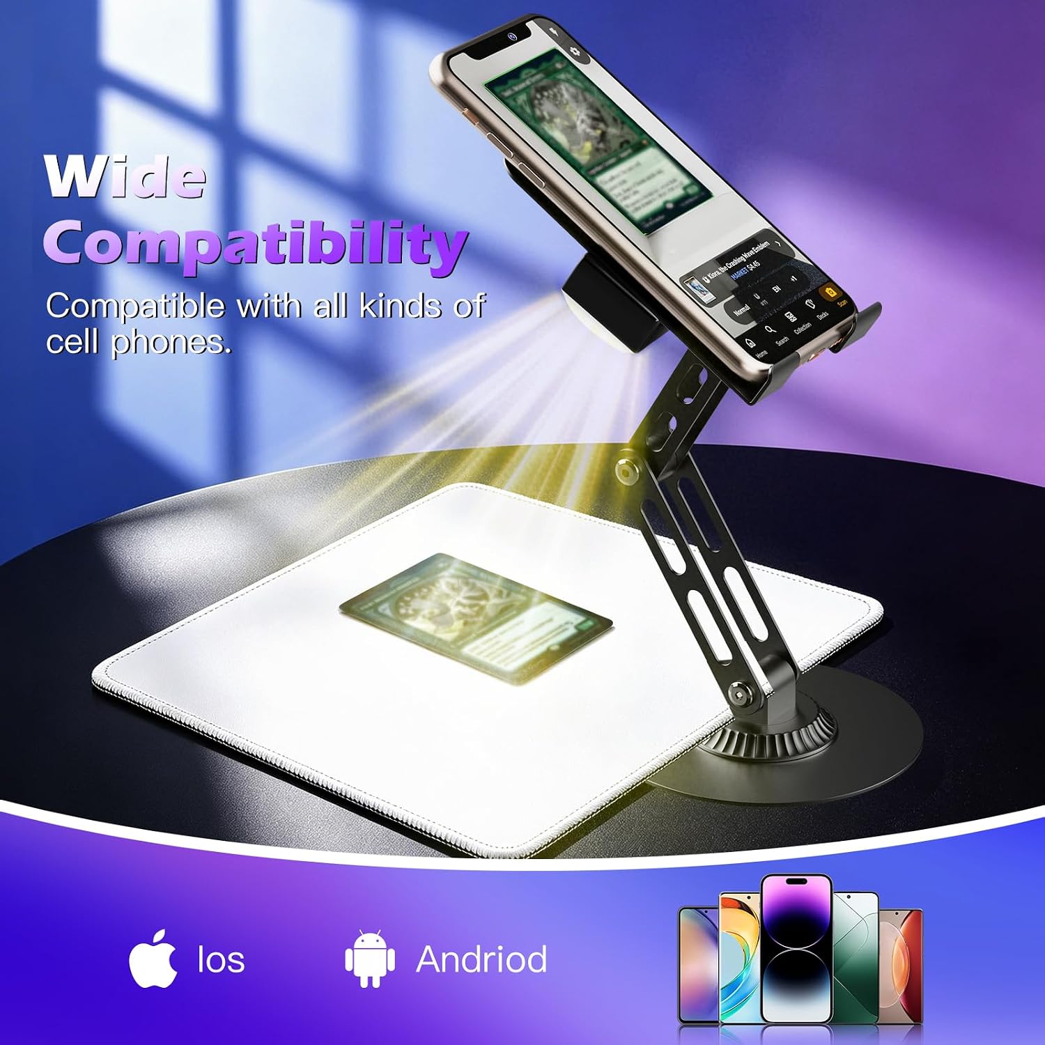 Card Scanner Stand for Trading Cards (Black, with LED Light) | Card Scanner,Foldable Phone Holder for Fast Card Scanning & Price Lookup, Compatible with ManaBox