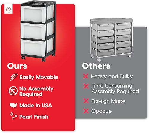 Miniatura 3 de IRIS USA Organizador de almacenamiento de plástico, movible con ruedas y 3 cajones, para el aula, artículos de manualidades, tocador, armario, baño