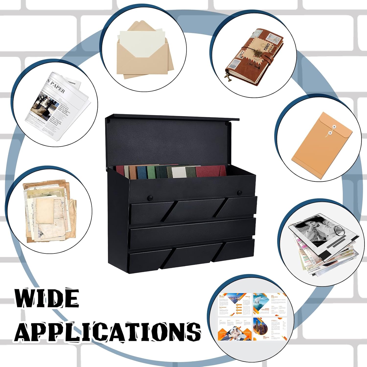 Wall Mount Mailbox for House Outside, Large Capacity Modern Mailbox Drop Box, Galvanized Steel Rustproof Metal Postbox Black Collection Hanging Mail Box, 15.55"x9.84"x4.33"(No Key Locking)