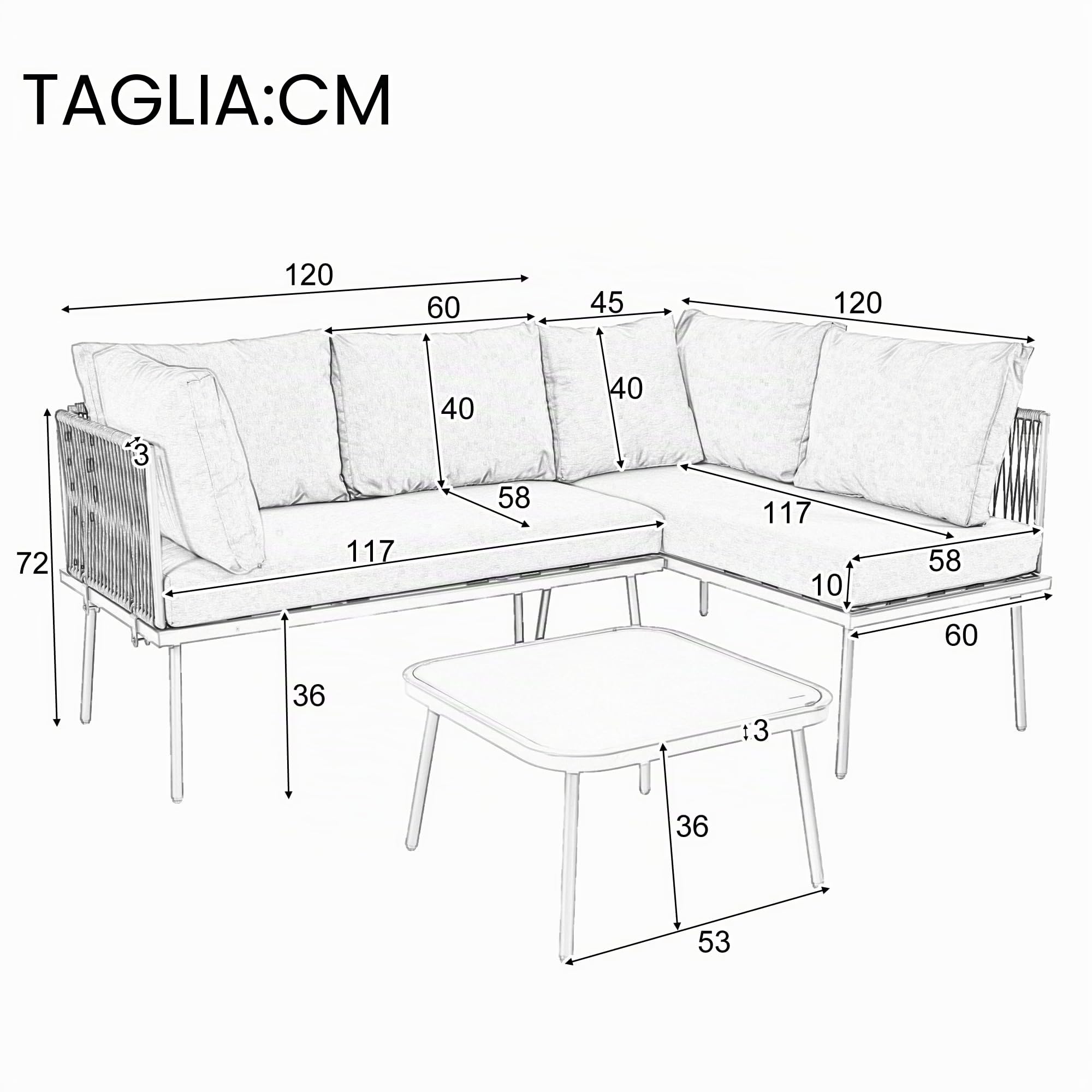 Idemon Set di mobili da giardino in ferro, mobili da giardino a forma di L, set salotto da giardino con cuscino, piedini regolabili, 2 divani e 1 tavolo (grigio), HW24007