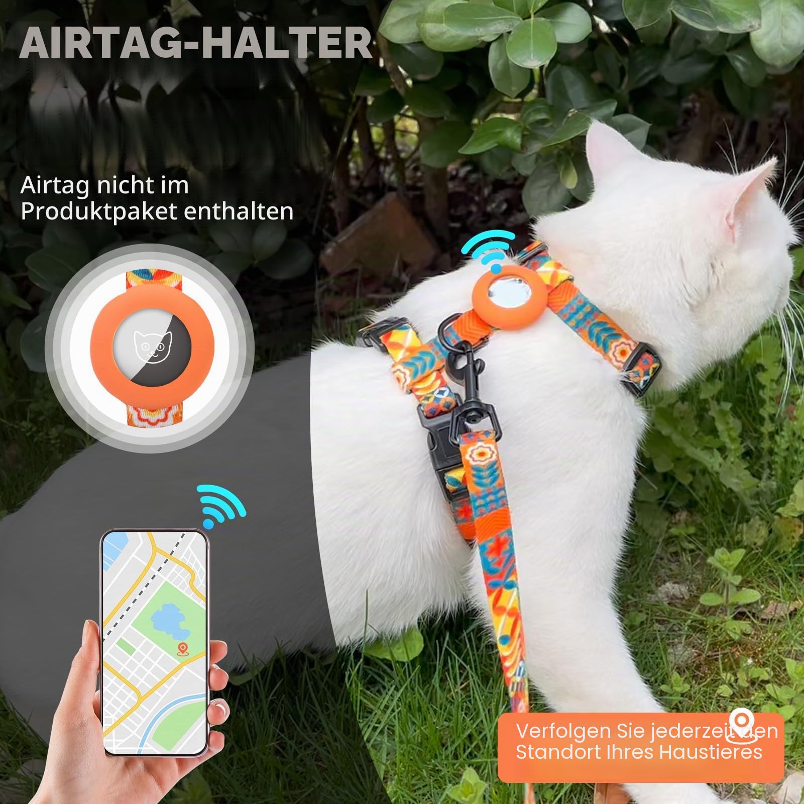 SCENEREAL Katzengeschirr und Leine, ausbruchsicher, mit Airtag-Halter, verstellbares Geschirr für Kätzchen, große Katzen, Weste, Geschirr für Spaziergänge, Outdoor, drinnen, Frühling, Sommer, Urlaub,