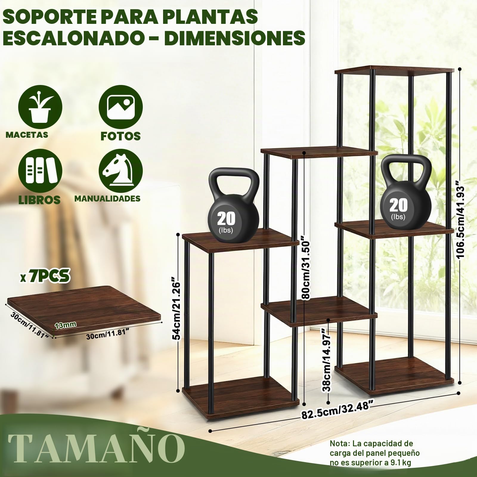 Soporte para Plantas de Interior y Balcón | Portaplantas Ahorra Espacio de Varios Niveles con Efecto Madera, Estructura Metálica Estable, Montaje Fácil