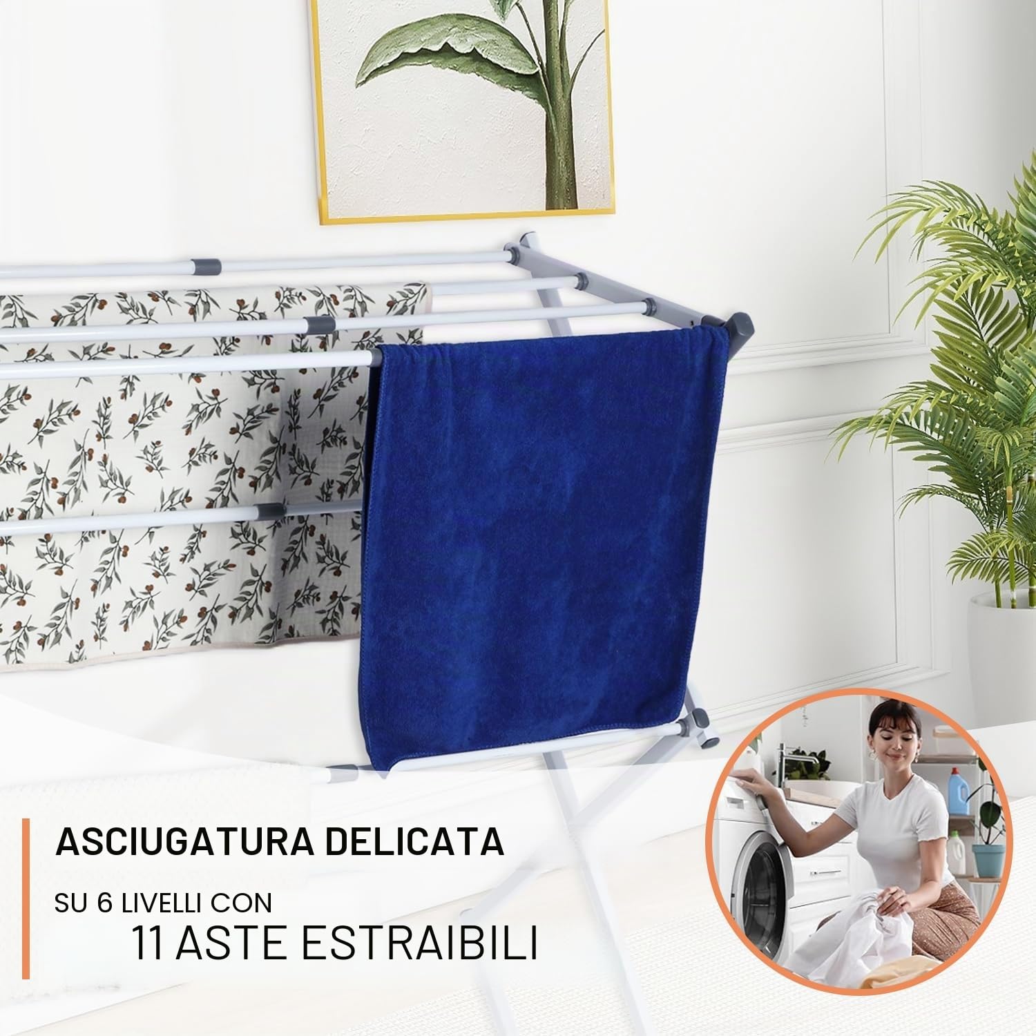 Stendibiancheria salvaspazio durevole e stabile, Pieghevole a 6 livelli con 11 aste, Estensibile (bianco)