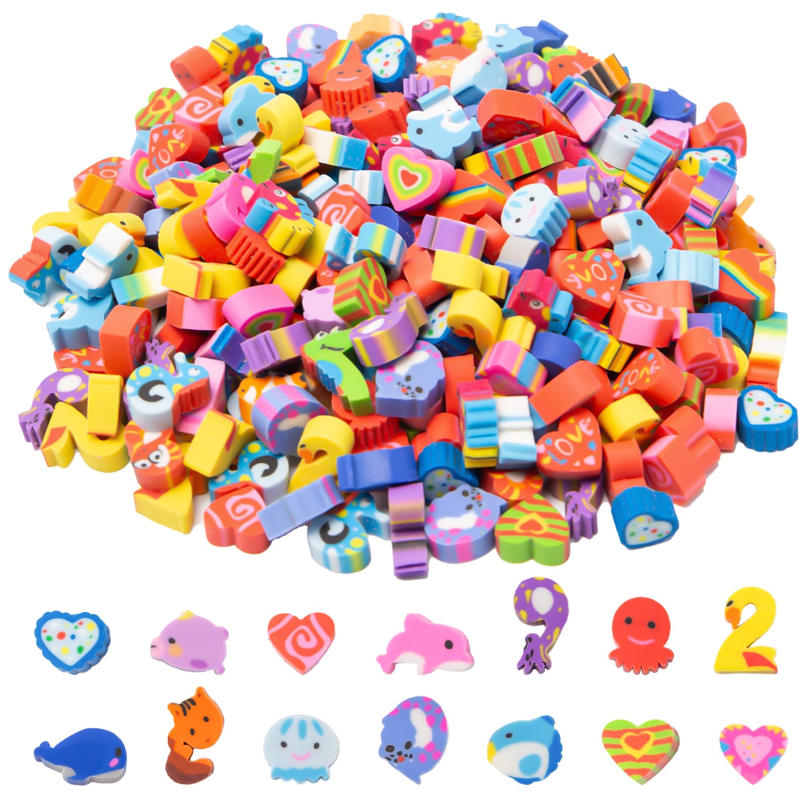 Sxutop 300 PCS Mini Erasers for Kids Small Cute Rubbers Eraser Novelty Tiny Erasers Colored Animal Rubber Bulk Heart Shaped Pencil Eraser for Students Classroom Rewards Gifts and Party Favors