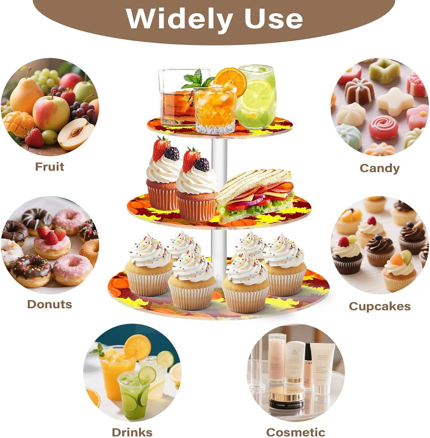 Autumn Fall Pumpkin Maple Leaves Thanksgiving 3 Tier Acrylic Cupcake Stand, Cupcake Stand for 34 Cupcakes for Weddings,Christmas,Holidays,Parties,Birthday,Printed Cupcake Tower 23301090