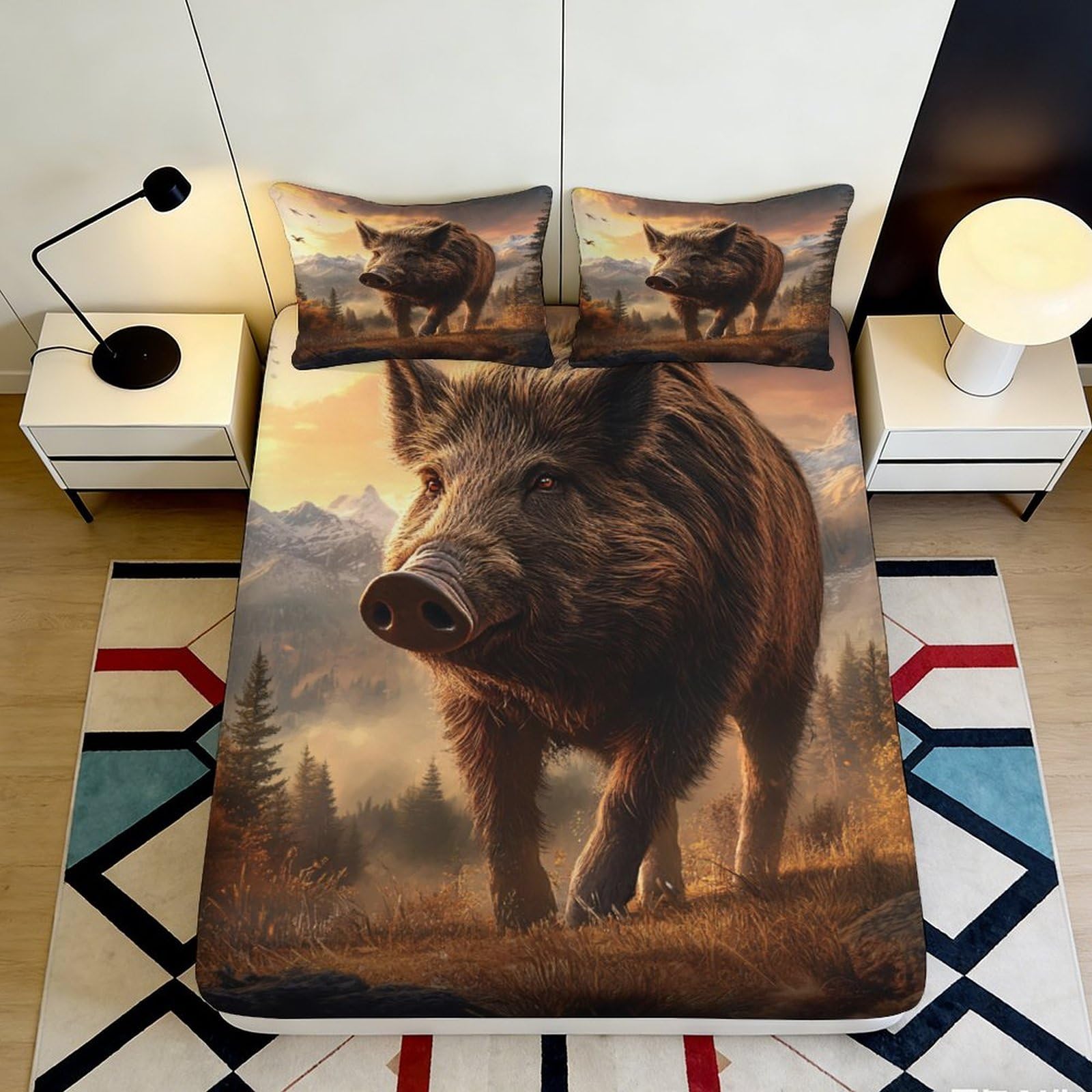 3D Printed Wild Boar Fitted Sheet Microfiber Soft Breathable Forest Landscape Bed Cover for Bedroom Dormitory Guest Room Mattress Protection Decor 140x200x25cm