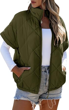 SHEWIN Quilted Jackets For Women 2025 Casual Lightweight Short Sleeve Zip Up Warm Vests