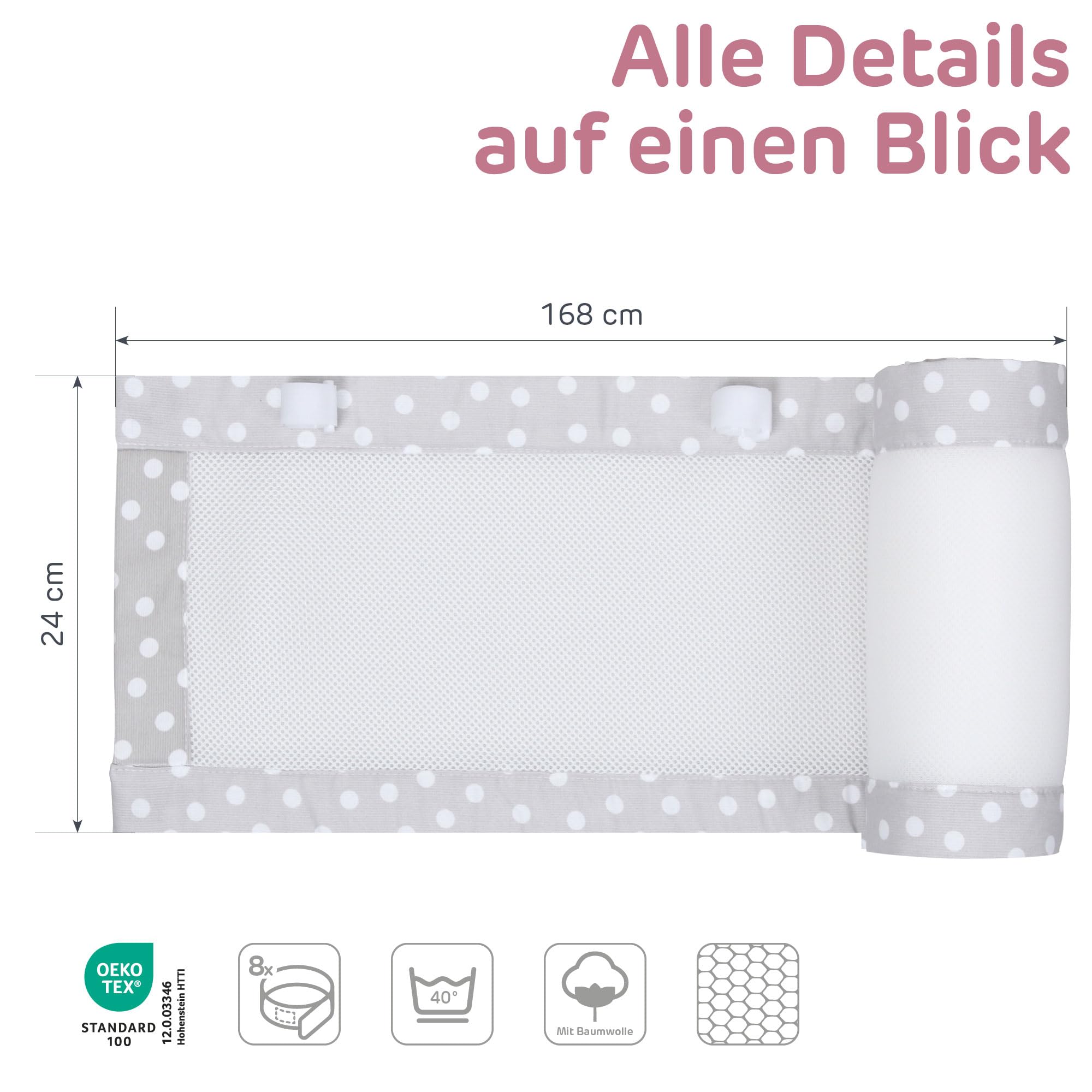 babybay Ochraniacz 3D z siateczki mesh pasuje do modelu Maxi, Boxspring, Comfort i Comfort Plus, perłowo-szare kropki, białe