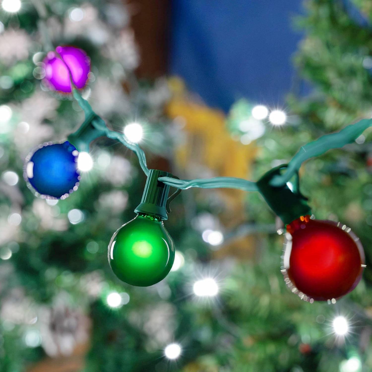 G40 Patio String Lights with 25 Multi Globe Bulbs - Hanging Garden String Lights - Vintage Backyard Patio Lights - Outdoor String Lights - Market Cafe String Lights - Green Wire - 25 Foot
