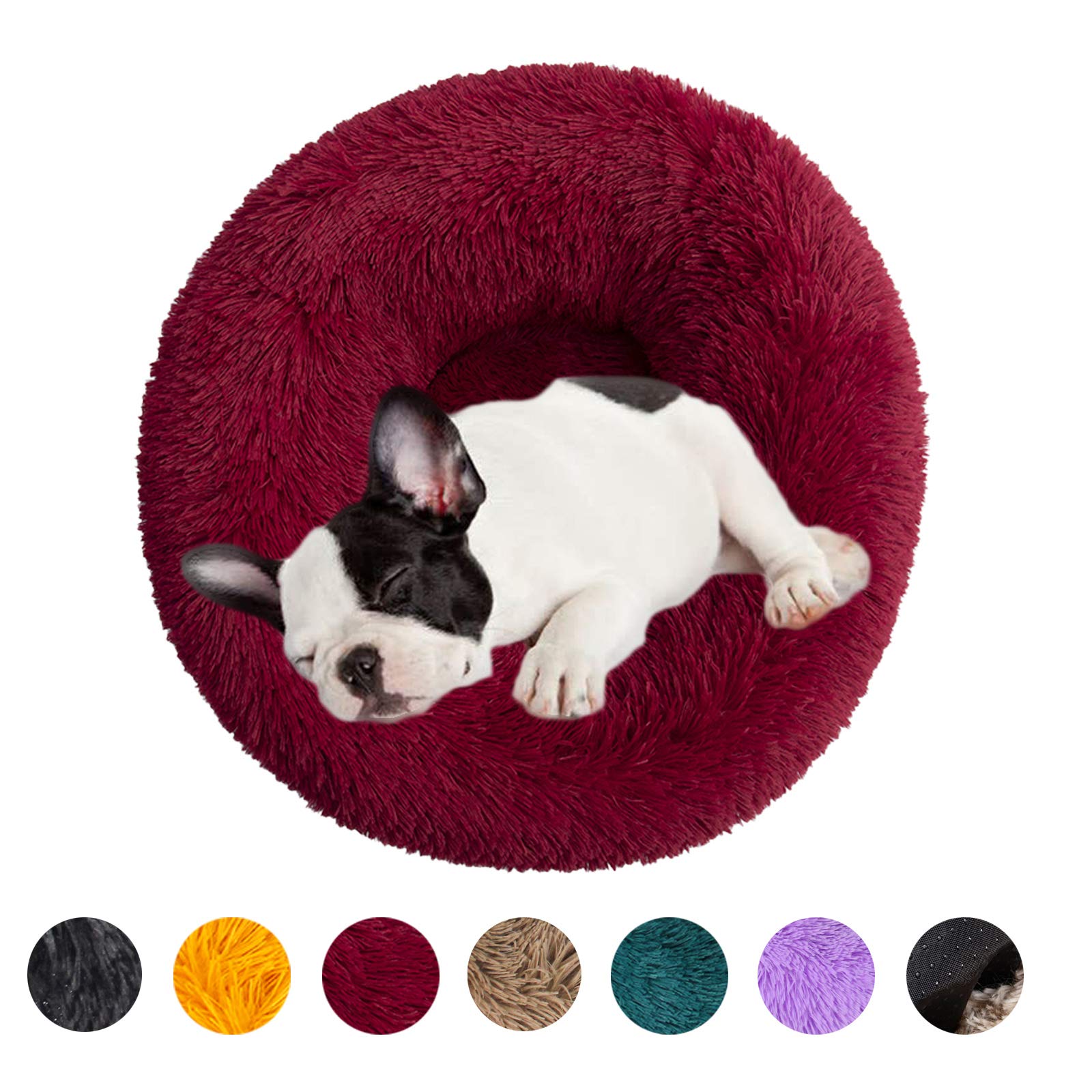 huraty Plush Dog Bed Pet Calming Fur Bed, Fluffy Donut Round Cat Beds, Anti-Slip & Anti-Anxiety, 16 Inch for Puppy and Kitties, Wine Red, XS