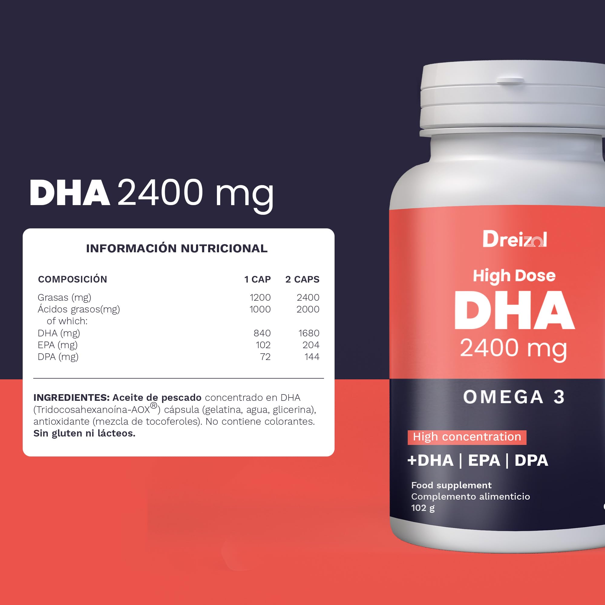 by Brudy Lab - Omega 3 2400 mg DHA High Dose – Cápsulas con DHA, EPA y DPA en Triglicéridos - Aceite de Pescado Concentrado - 60 Cápsulas