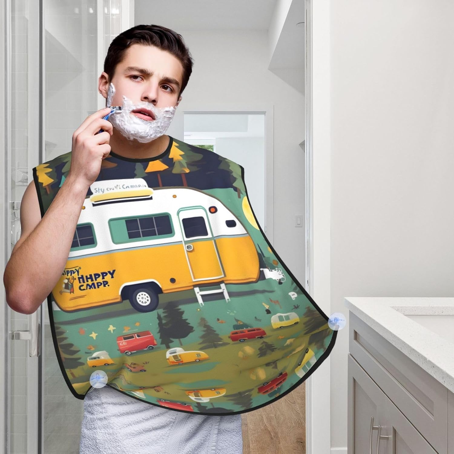 Happy Bus Camper Print Beard Bib Apron, Shaving Apron For Dad, Men'S Hair Catcher For Shaving Best Gifts For Dad