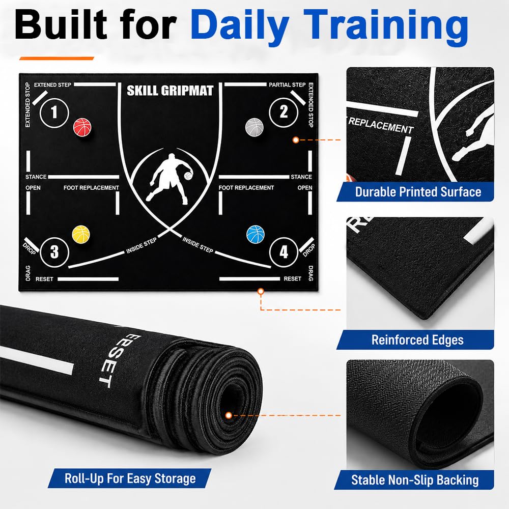 Basketball Fußmatte Trainingsmatte 120×80 cm, Rutschfeste Schritttechnik Matte, Geräuscharm, Leicht & Rollbar, indoor basketball matte für Schritttraining, Dribbling Mattes für Kinder Erwachsene