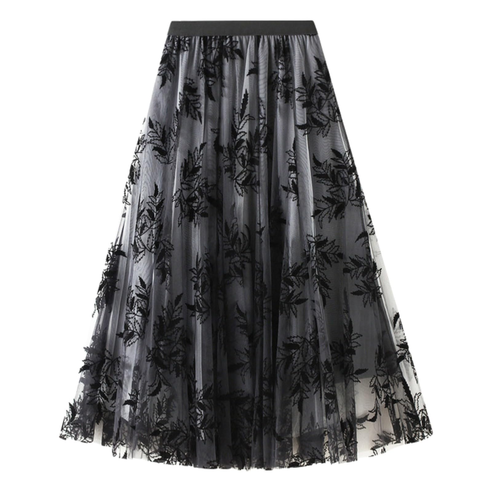 Falda Verano Mujer-Falda con Estampado Flocado para Mujer Falda de Mujer Otoño e Invierno Largo Medio Línea A Falda Larga de Malla Floral Falda Larga