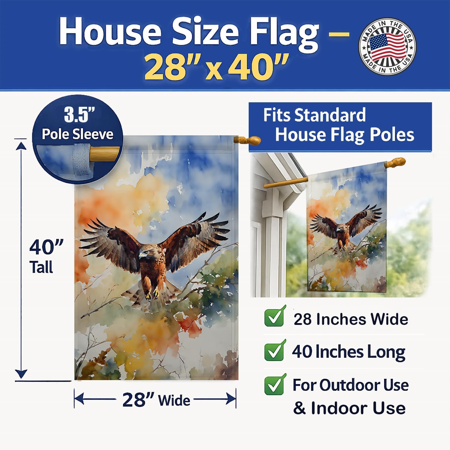 Caroline's Treasures Hawk House Flag Large Porch Sleeve Pole Decorative Outside Yard Banner Artwork Wall Hanging, Polyester, House Size, Multicolor
