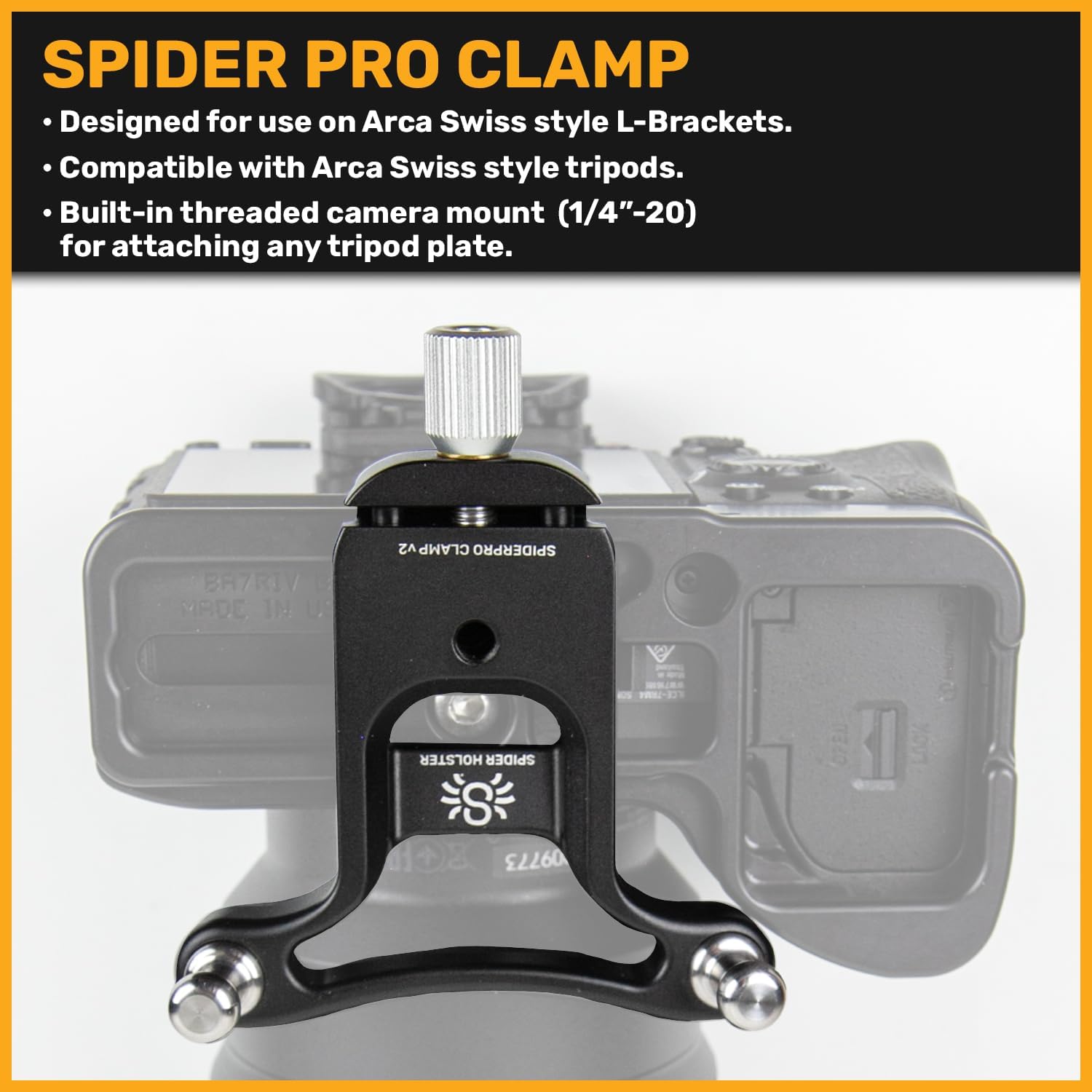 Spider Holster – SpiderPro Clamp v2 for Any Spider Camera Holster System with Universal Connection to Mount on Any Tripod – Designed for Use with Arca-Swiss-Style L-Brackets